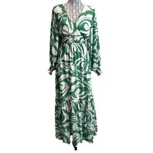 Flying Tomato‎ green Print Maxi Dress Size S Boho Ruffle Balloon Smocked Sleeves